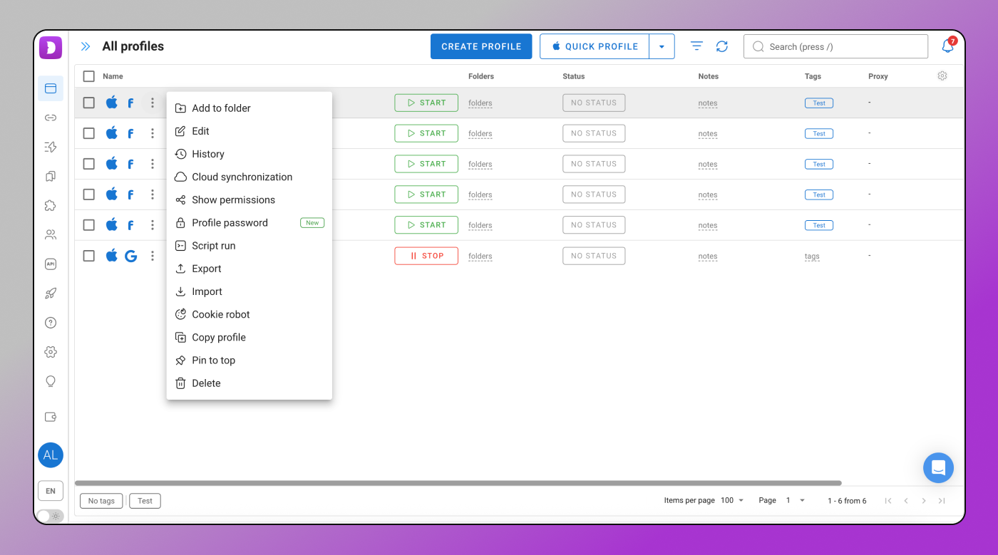 Actions with profiles Dolphin Anty