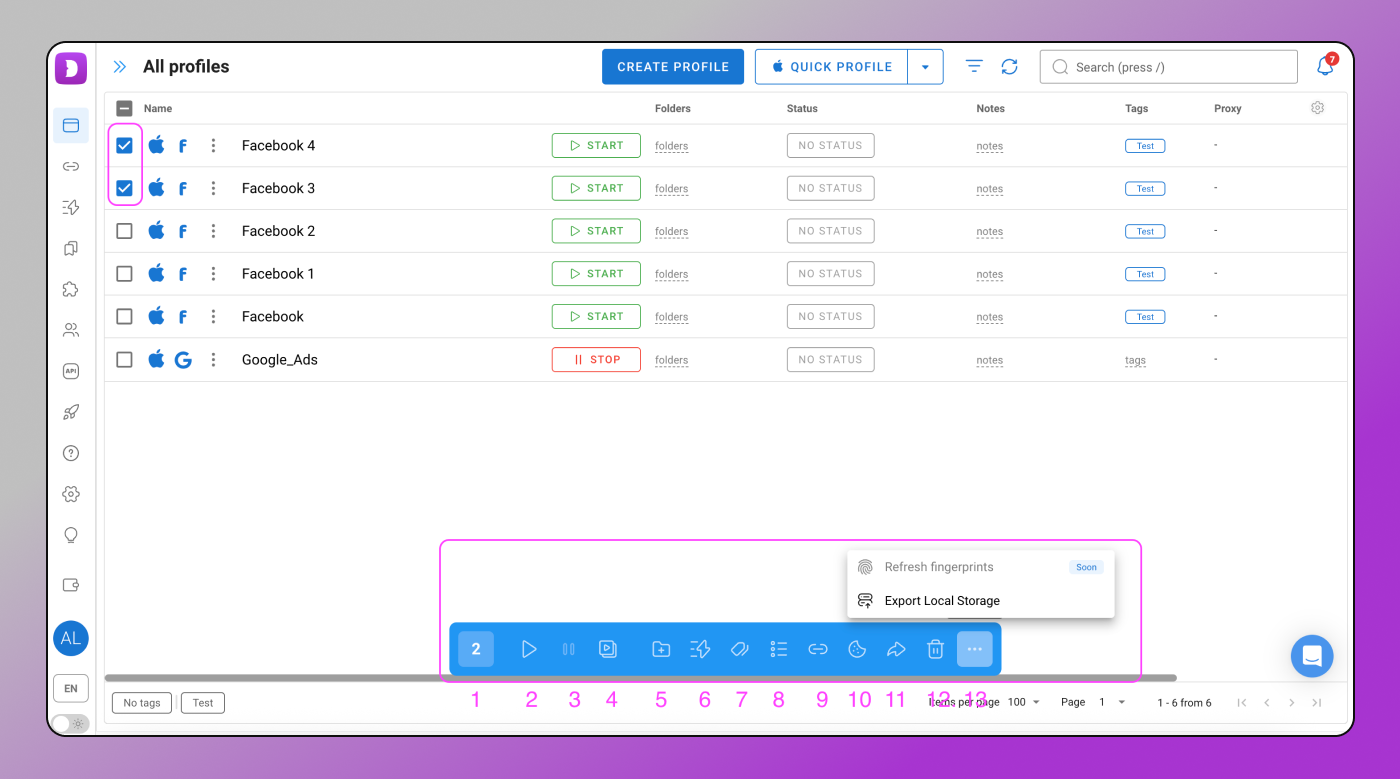 Bulk Actions with Profiles Dolphin Anty