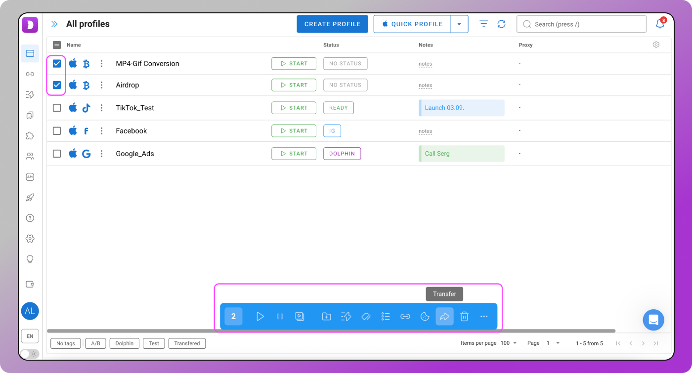 Share-transfer profile Dolphin Anty