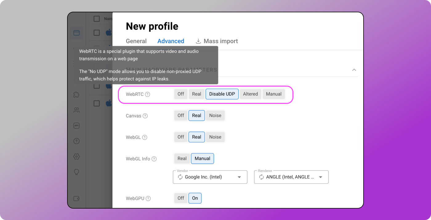 WebRTC No UDP Dolphin Anty
